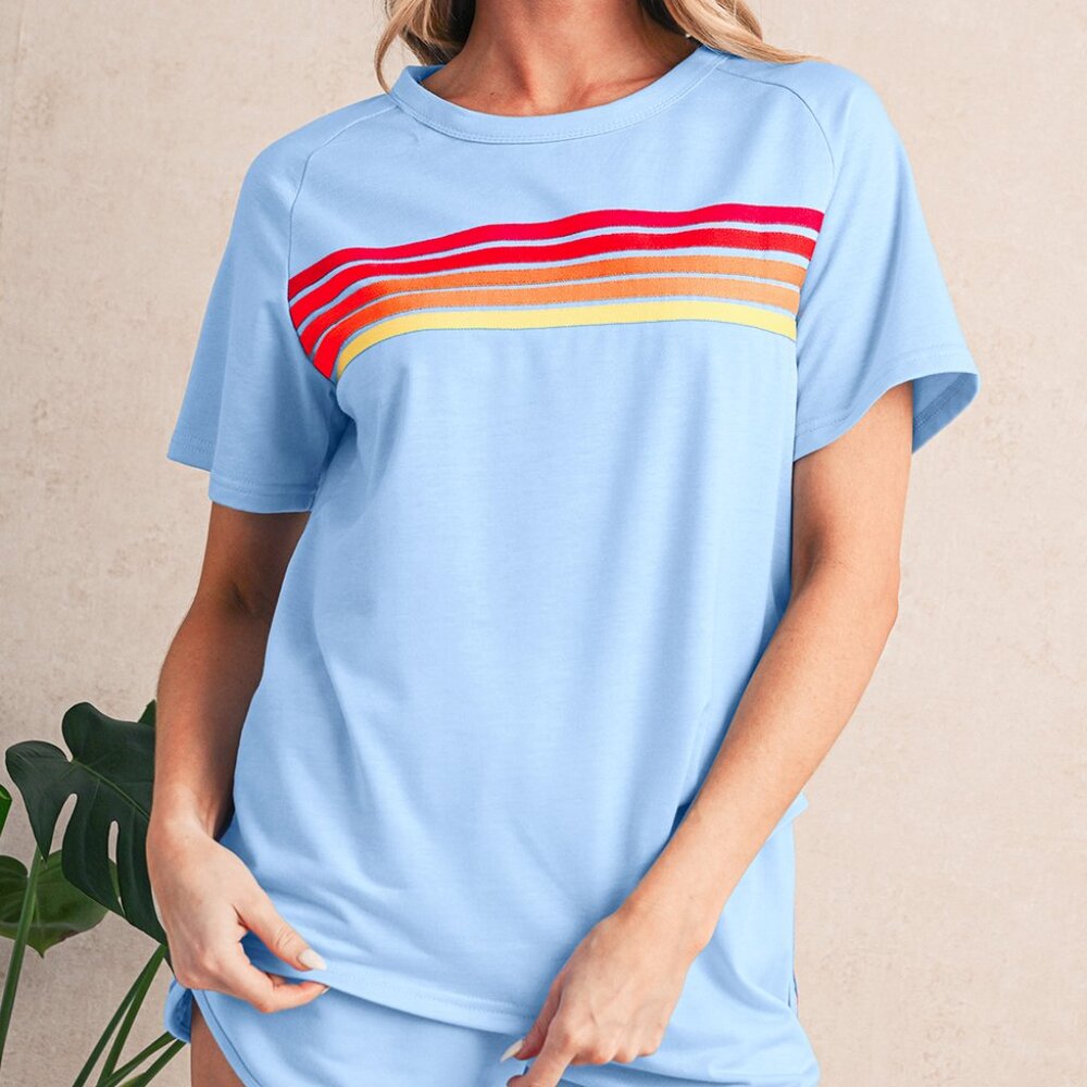 Blue T-Shirt with Colorful Stripes (similar style to Aviator Nation)